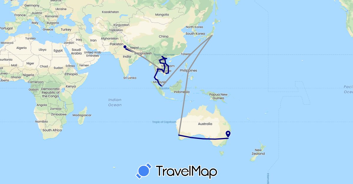 TravelMap itinerary: driving, plane in Australia, India, Japan, Cambodia, Laos, Malaysia, Philippines, Singapore, Thailand, Vietnam (Asia, Oceania)