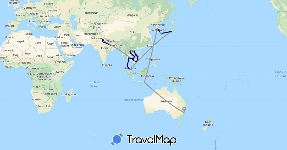 TravelMap itinerary: driving, plane, boat in Australia, Indonesia, India, Japan, Cambodia, South Korea, Laos, Malaysia, Philippines, Thailand, Vietnam (Asia, Oceania)